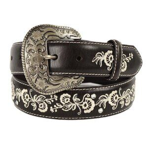 Shyanne Brown Western Embroidered Leather Belt With Silver Floral Buckle Medium